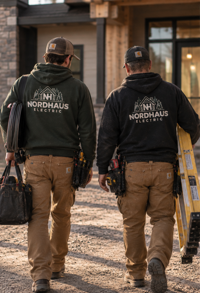 Two electricians carrying equipment toward a house under construction.