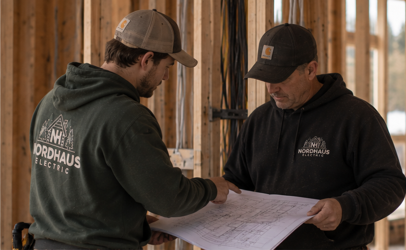 Two electricians reviewing project plans inside a house under construction.
