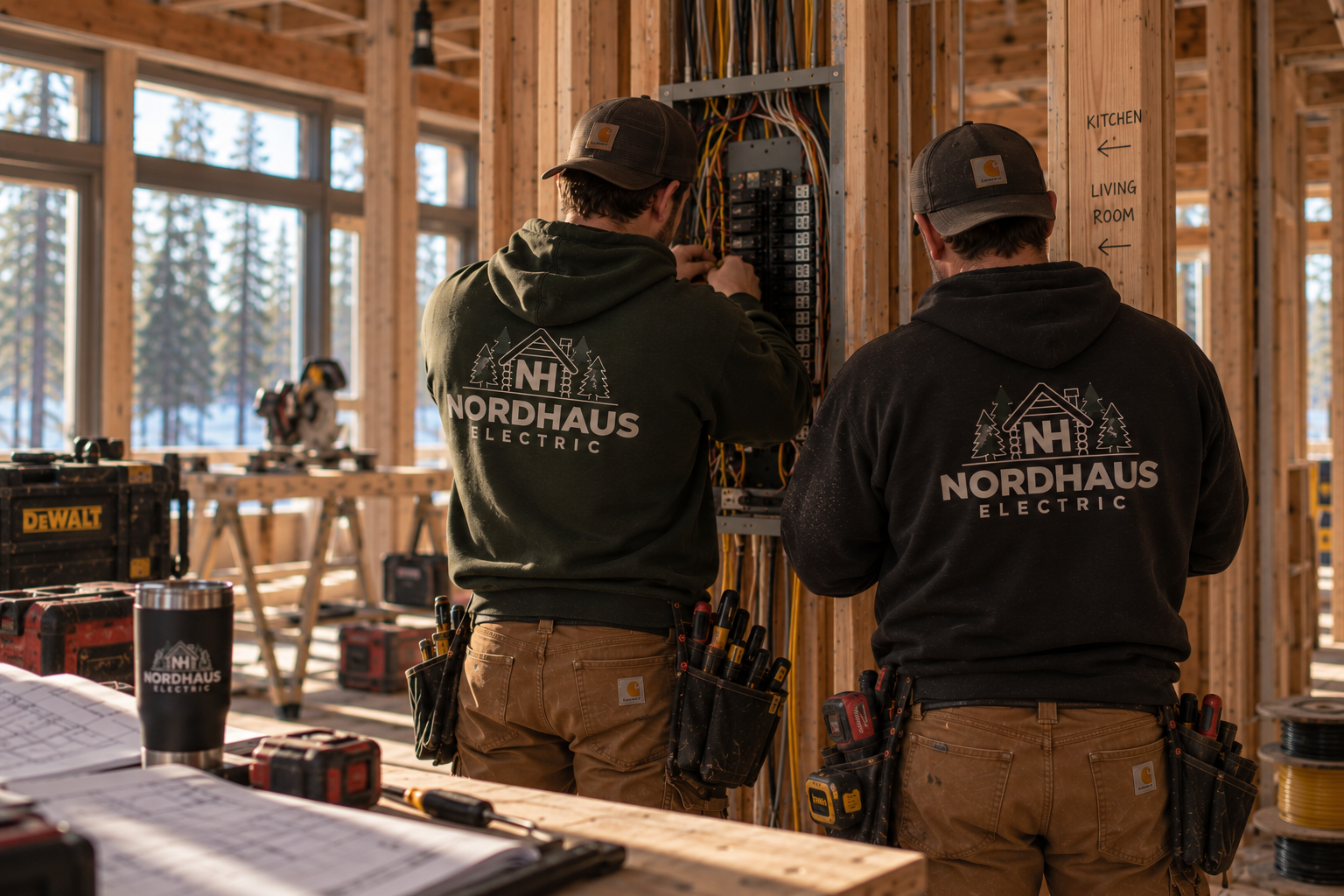 Two electricians in Nordhaus Electric workwear working at an electrical panel.